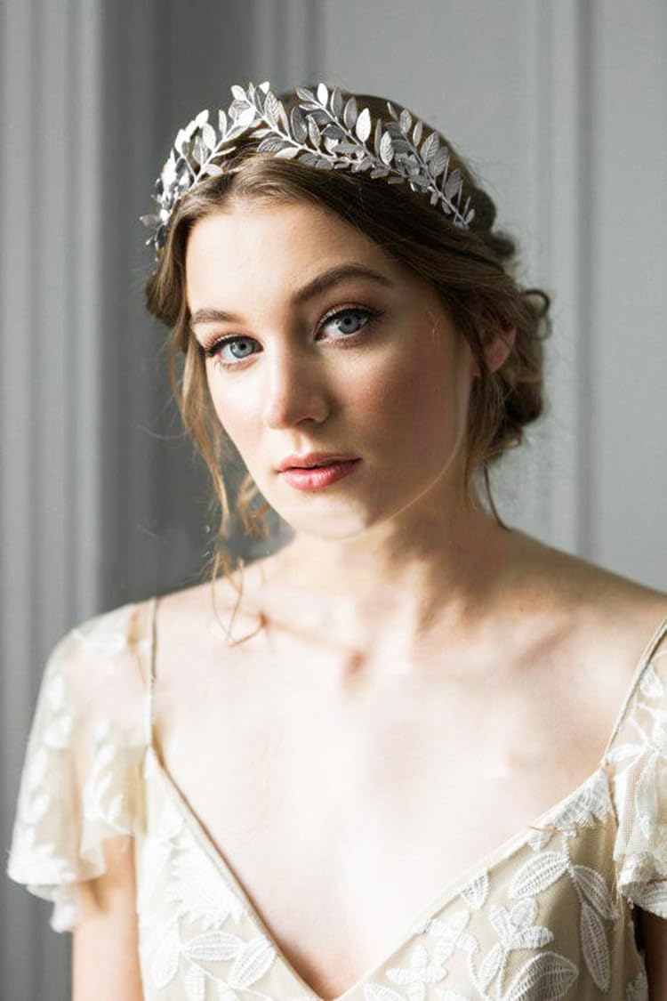 Chargances Handmade Bridal Wedding Crown Leaf Headband Women Leaf Tiara Headpiece Weeding Hair Accessories Leaf Headpiece Jewelry for Women and Girls(Silver) - Image 1